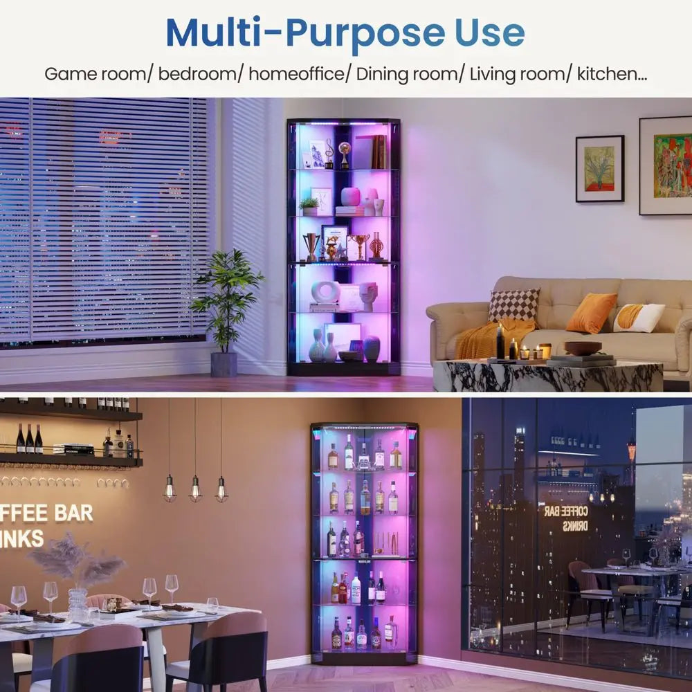 Corner Display Cabinet with RGB Lights and Glass Doors,5Tier Showcase Display Case with Glass Shelves amp Human Body Sensor,Cor