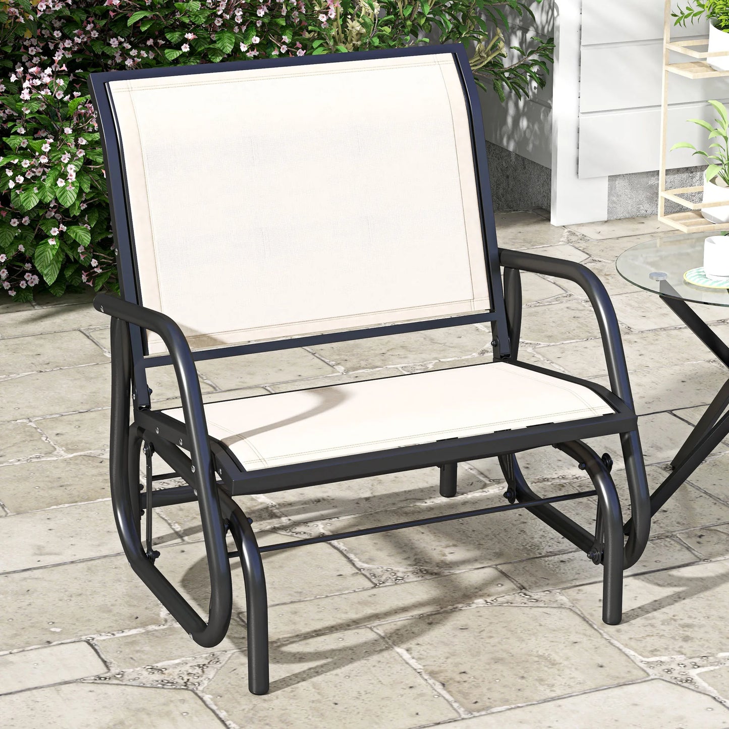 Outdoor Glider Chair, Swing Chair with Breathable Mesh Fabric, Curved Armrests and Steel Frame for Porch, Garden, Poolside, Balcony, Cream