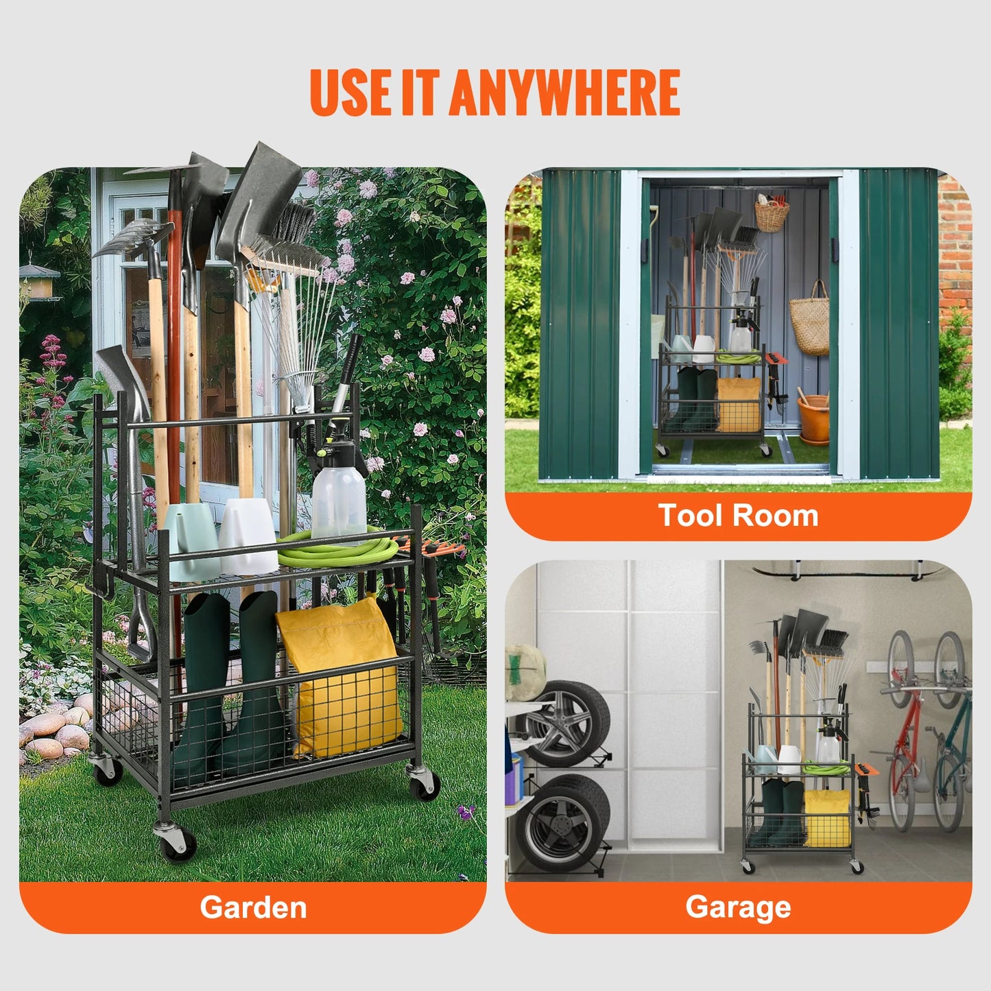 Garden Tool Organizer Tower Rack With Hooks Wheels 16 Slot