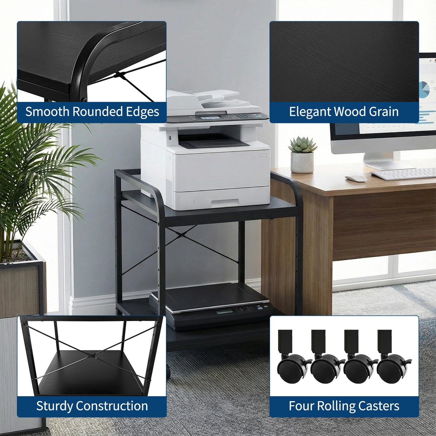 2 Tier Under Desk Printer Stand with Storage, 20" Deep Printer Table with Height Adjustable Shelf, Rolling Printer Cart with Wheels for Home Office