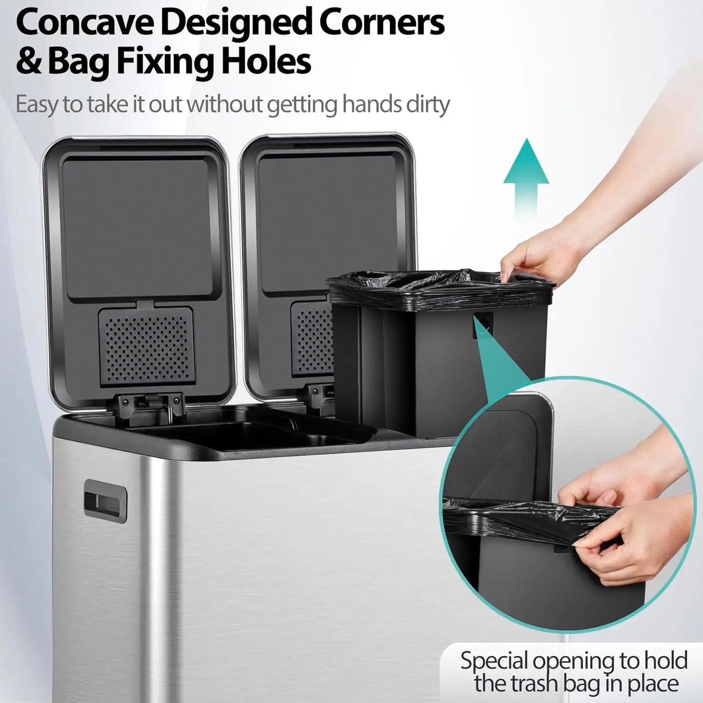 Durable Dual Stainless Steel Kitchen Trash Can With Pedal Recycling