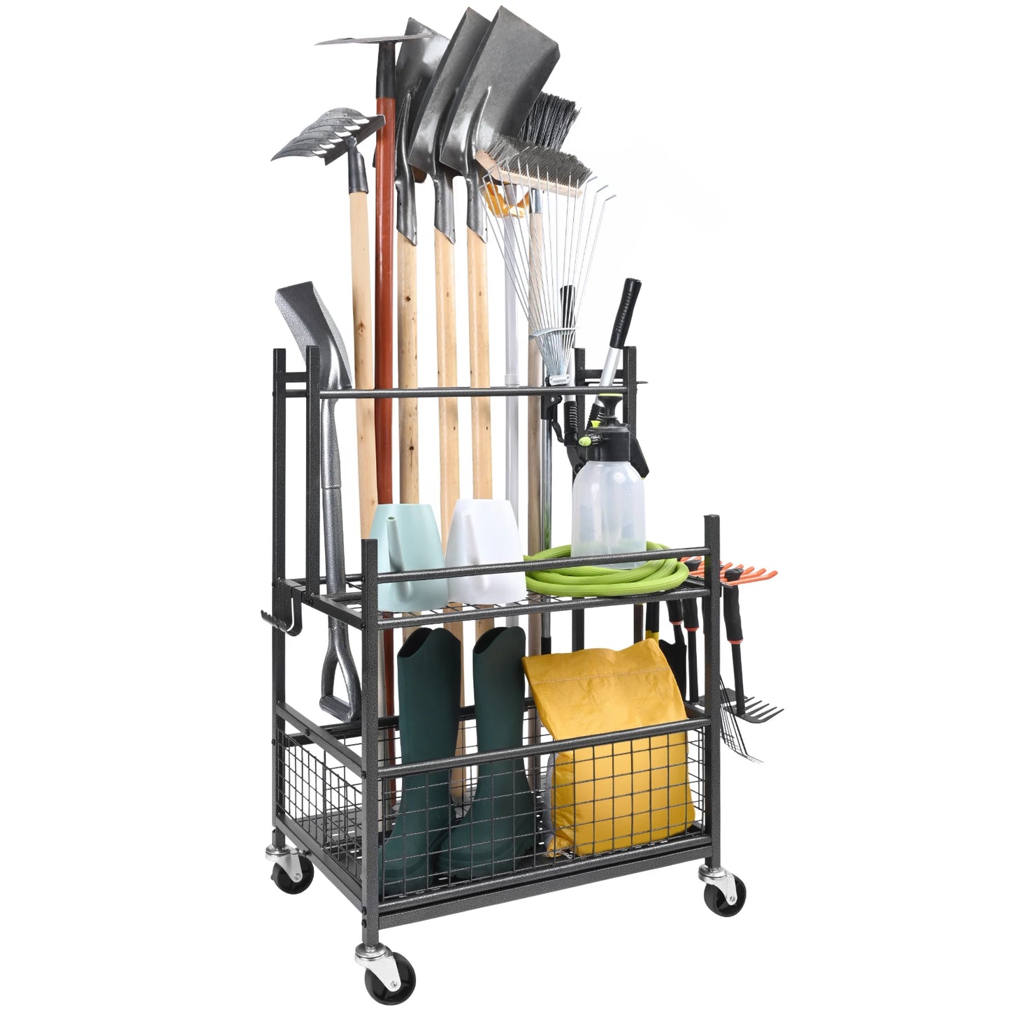 Garden Tool Organizer Tower Rack With Hooks And Wheels