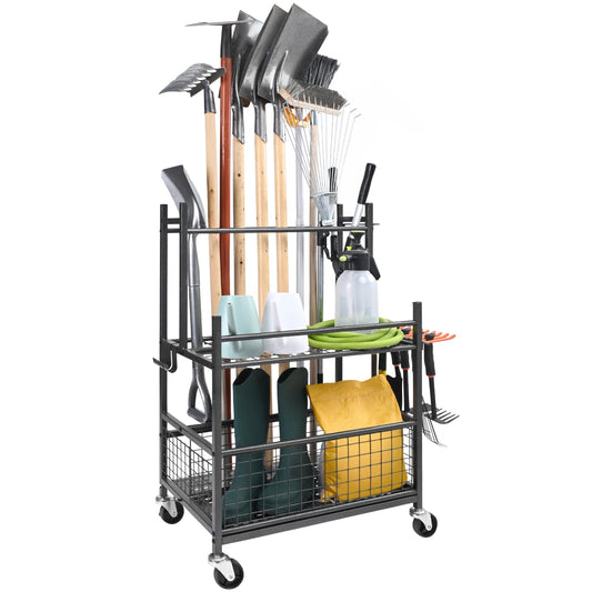 Garden Tool Organizer Tower Rack With Hooks And Wheels