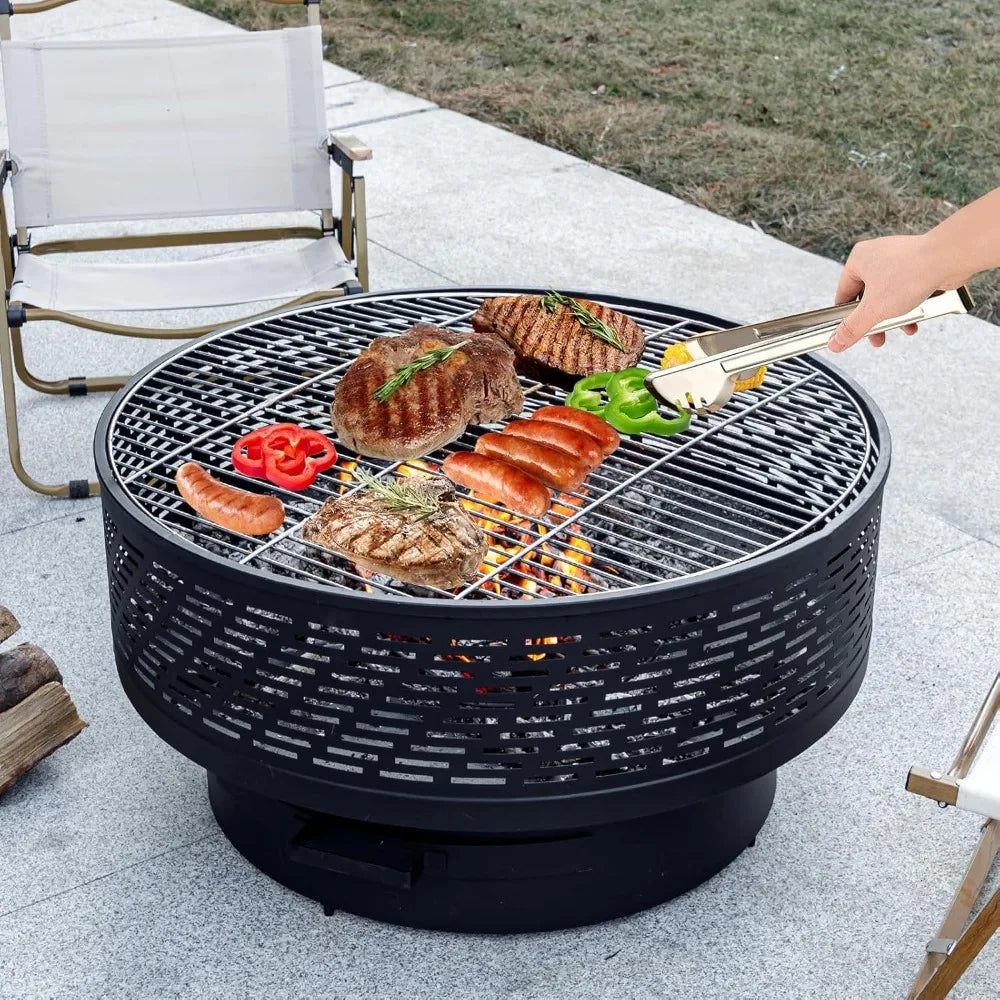 32" Wood Burning Fire Pit with Grill & Lid, Outdoor Firepit Table for BBQ, Bonfire, Patio Heater, Waterproof Cover