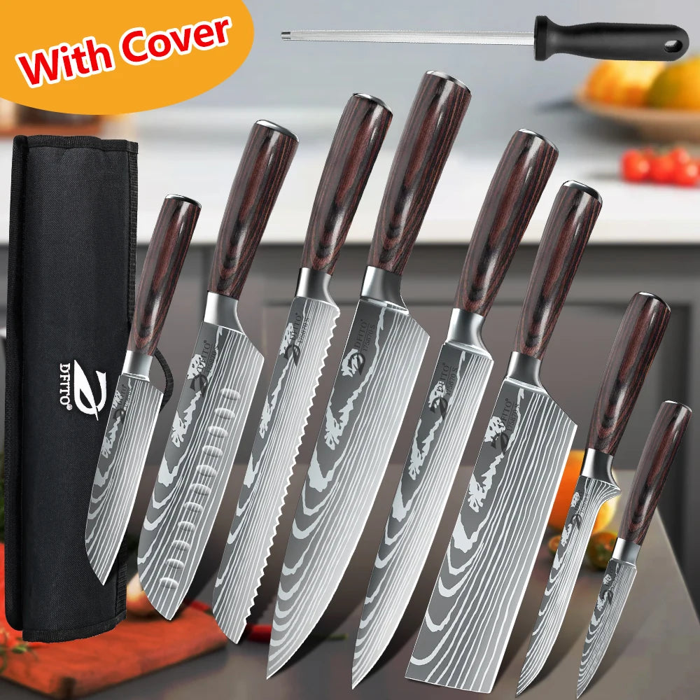 KEPEAK Kitchen Knife Set 7Cr17Mov Stainless Steel Chef Santoku Cleaver