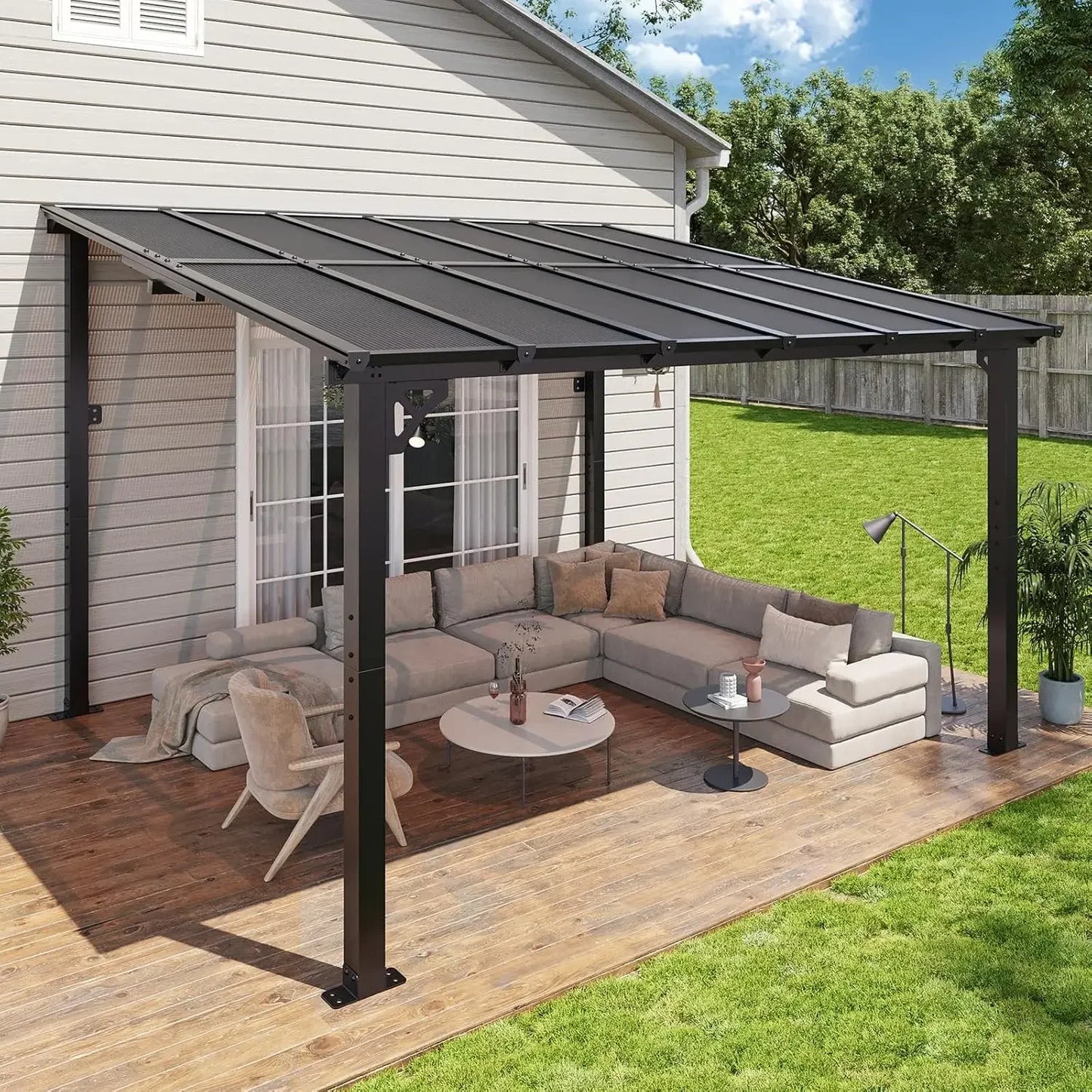 Aoxun Premium Gazebo, Wall Mounted Gazebos Pergola, Outdoor Patio Lean to Gazebo, Awnings with Sloped Roof, for Backyard, Porch