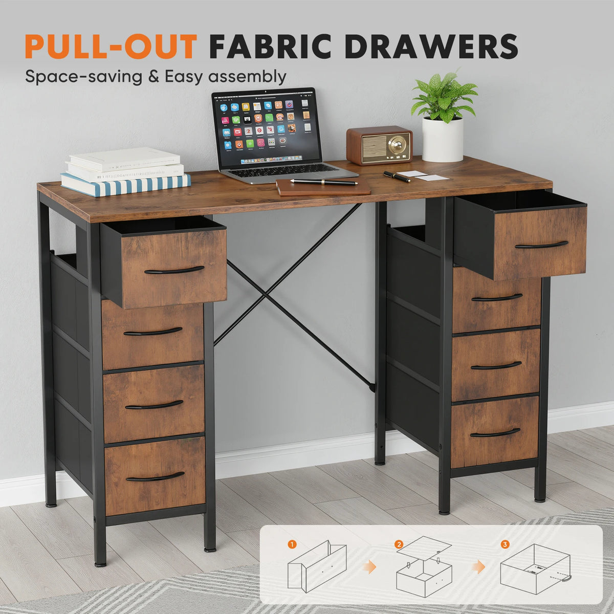 JHK Computer Desk With Eight Fabric Drawers And Reinforced Frame
