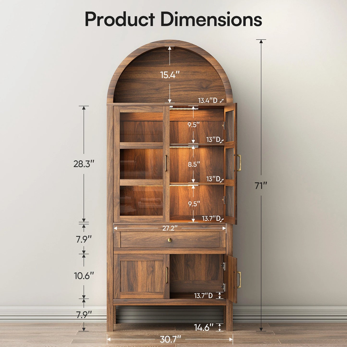 Cottinch Arched Wood Bookcase With Adjustable Shelves And Dimmable LED Lights