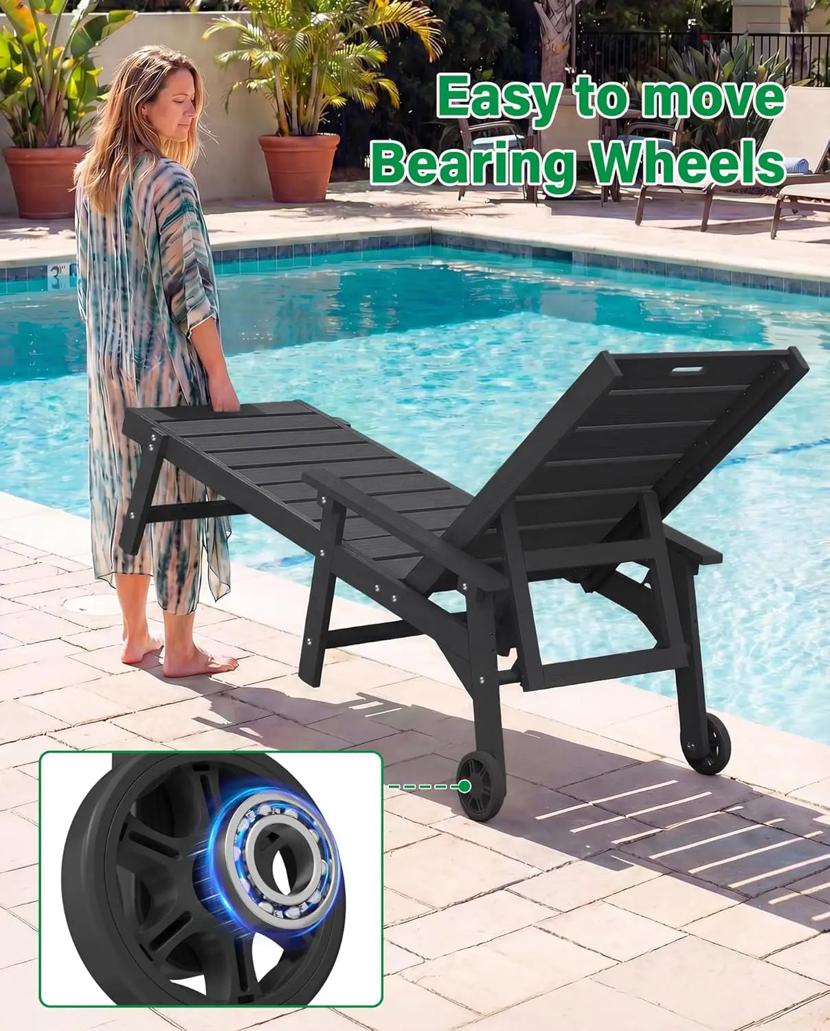 5-Level Adjustable All-Weather Outdoor Chaise Lounge Set of 2 with Cup Holders & Wheels for Patio Beach Deck, Custom