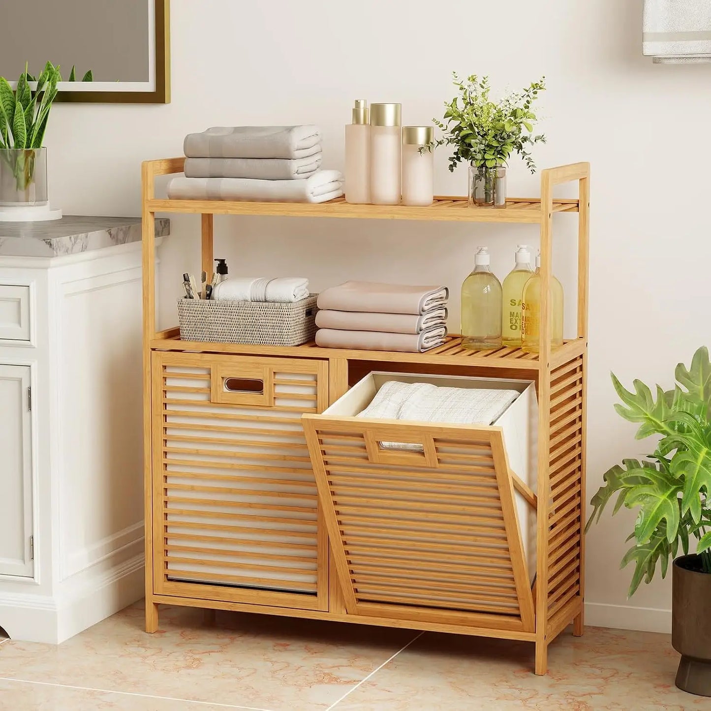 Double Tilt Out Laundry Hamper w/2-Tier Storage Shelf | 14 Gal Bamboo Laundry Storage Cabinet w/Removable Laundry Baskets, Laundry Sorter Organizer for Bathroom Living Room Bedroom