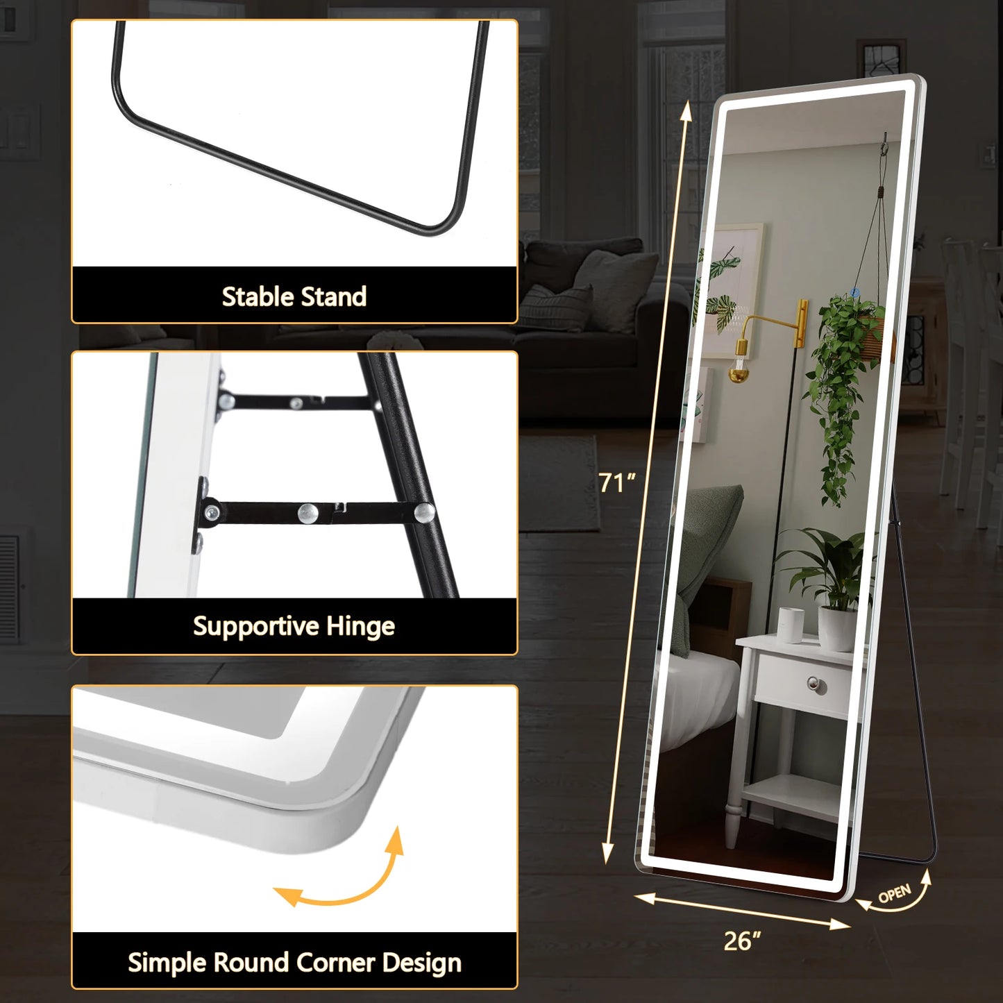 JHK 71"x26" Led Dimming Full Length Mirror 3 Color Lighting Aluminum Alloy Frame Standing Hanging Floor Mirrors For Living Room