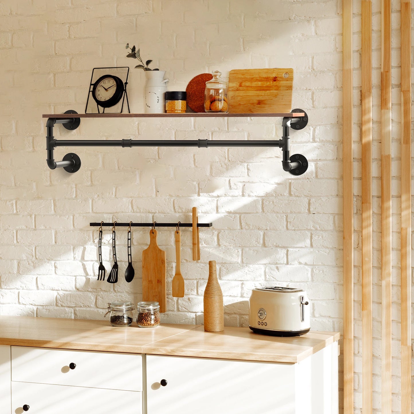Wall Mounted Industrial Pipe Clothes Rack With Wood Shelf Storage