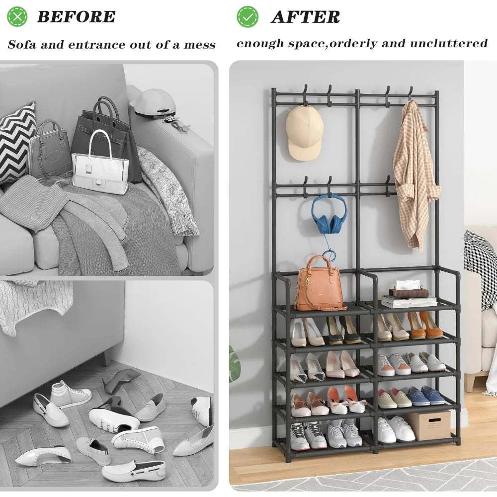 5 Tier Entryway Storage Bench with Coat Hooks and Shoe Rack for Bedroom Hallway Office Black