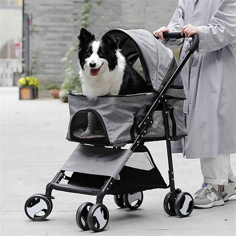 Foldable Pet Dog Stroller With Four Wheels And Rain Cover