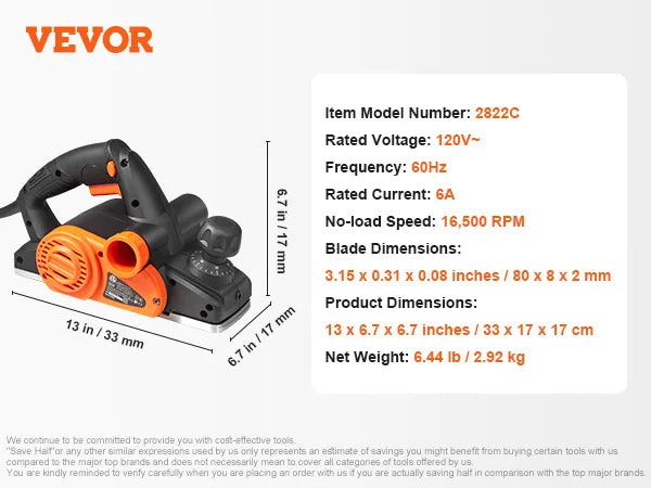 VEVOR Electric Hand Planer 16500 RPM High Speed Woodworking Tool