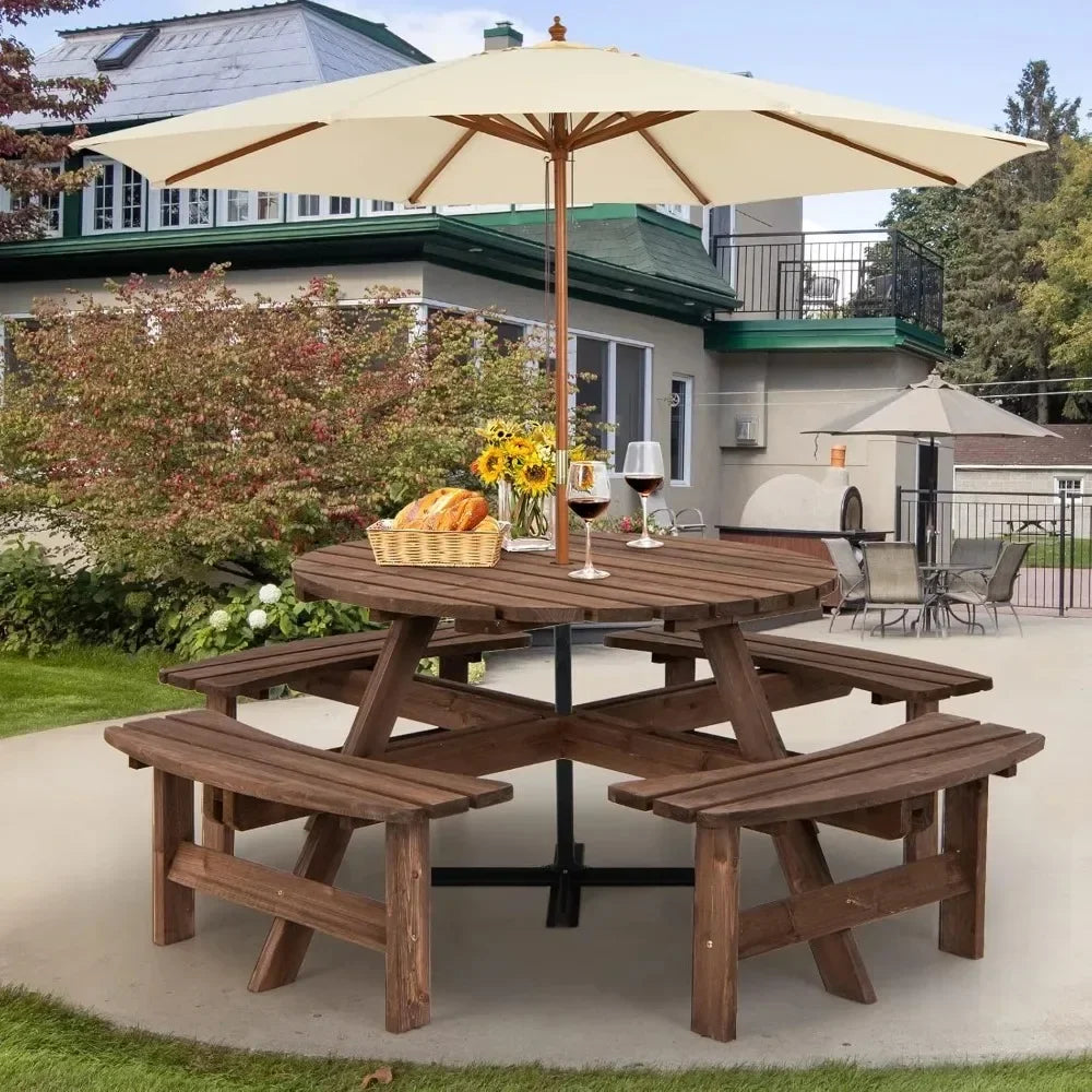 Outdoor Fir Wood Picnic Table Set With Benches And Umbrella Hole
