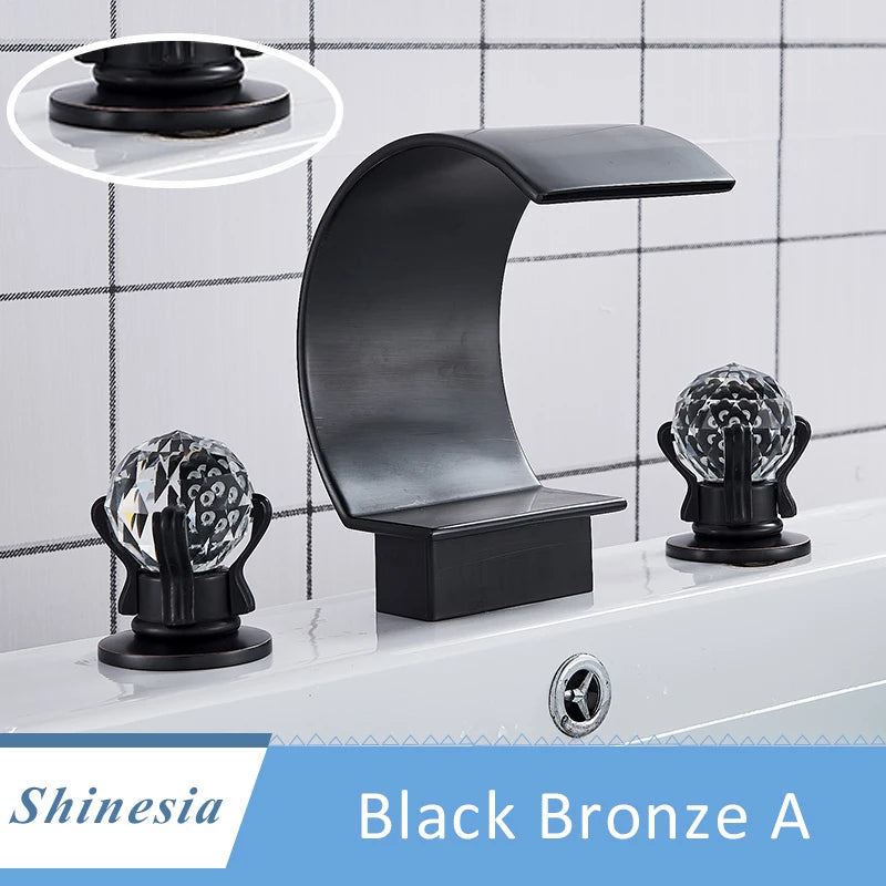 Shinesia Luxury Golden Bathroom Basin Faucet for Vessel Sink Crane Waterfall Hot and Cold Water Mixer Tap Dual Cristal Handle