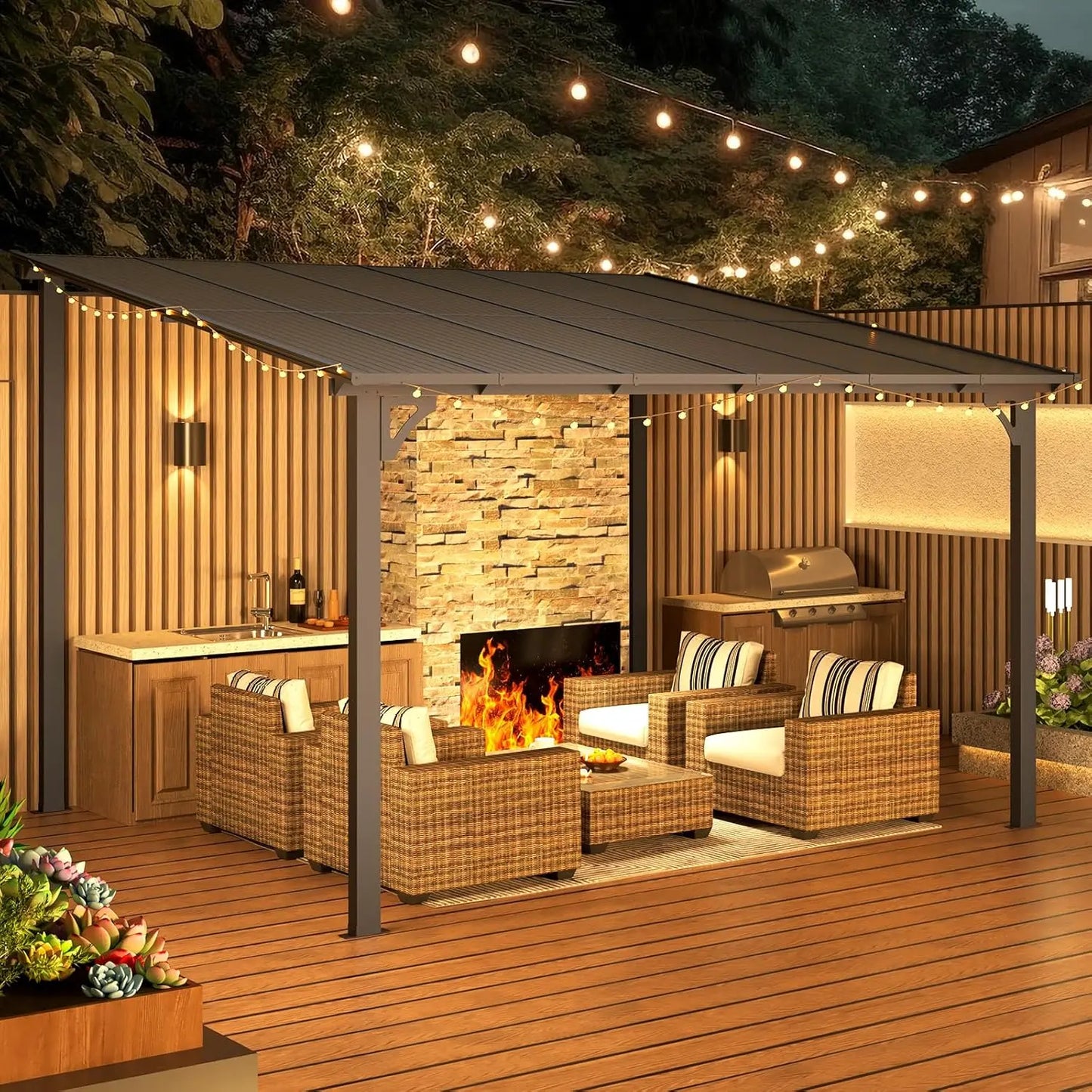 Wall Gazebo12’ x 10’, Hard Top Gazebos Pergola on Clearance, Outdoor Patio Lean to Gazebo Canopy Awnings for Deck,, Customized