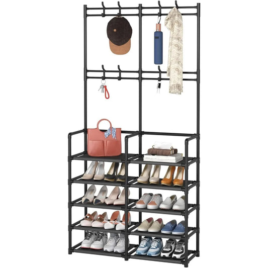 5 Tier Entryway Storage Bench with Coat Hooks and Shoe Rack for Bedroom Hallway Office Black