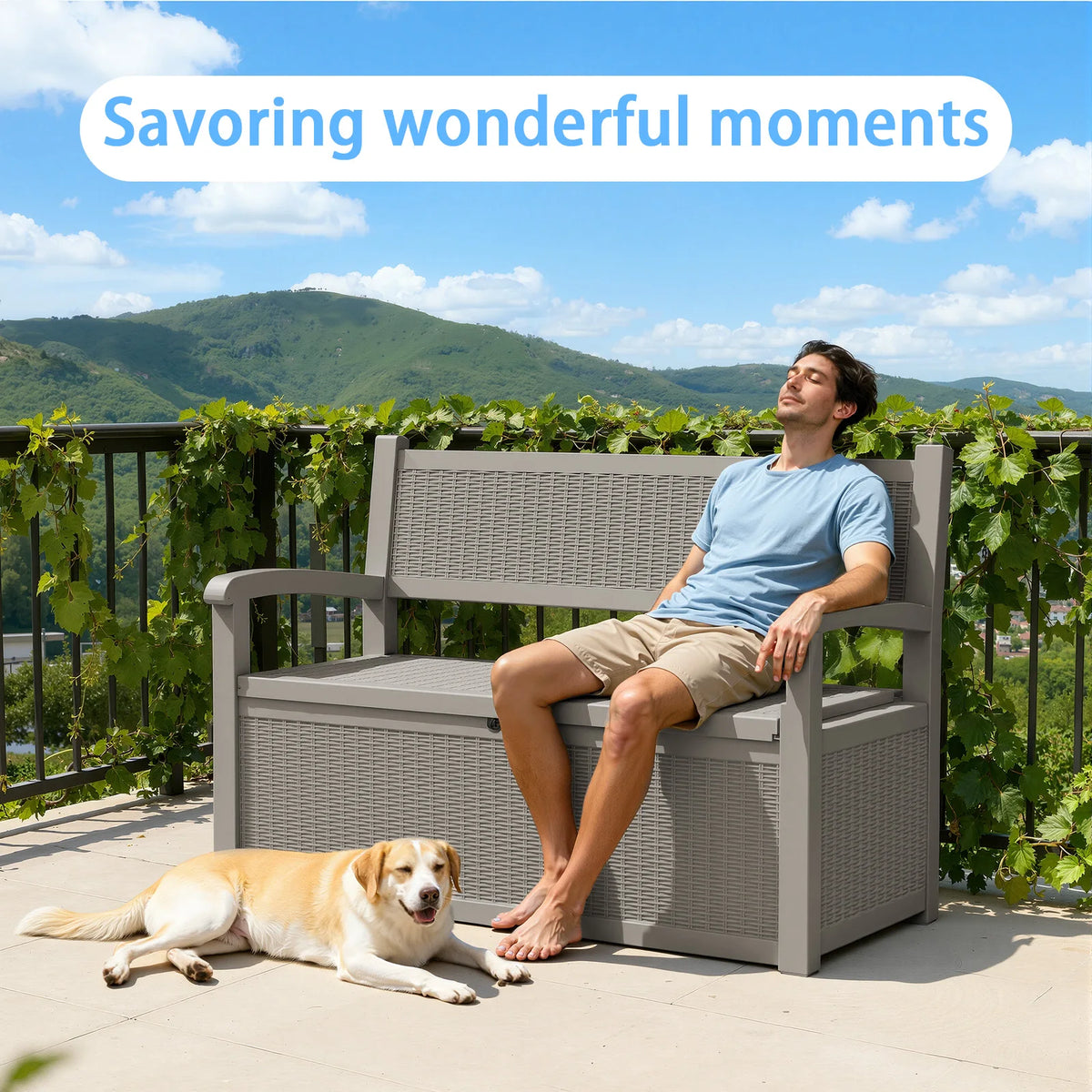 Outdoor Rattan Look Resin Storage Bench for Patio Gardens