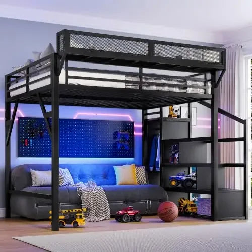 Queen Size Loft Bed with Stairs, Storage Shelves and Built-in Wardrobe, Metal Loft Bed Frame with USB Ports and LED Lights (Blac