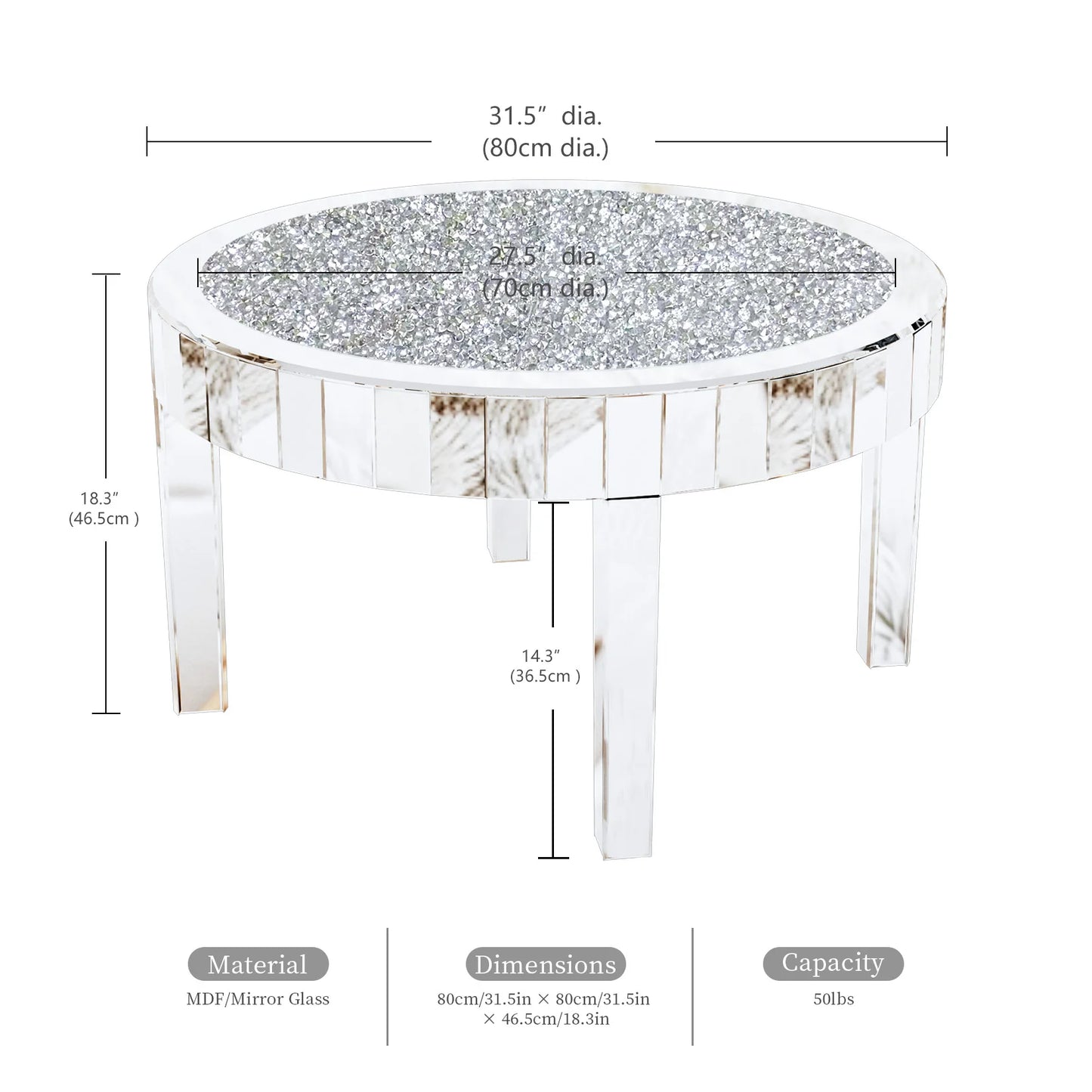 Mirrored Coffee Table With Crystal Inlay Modern Glass Surface