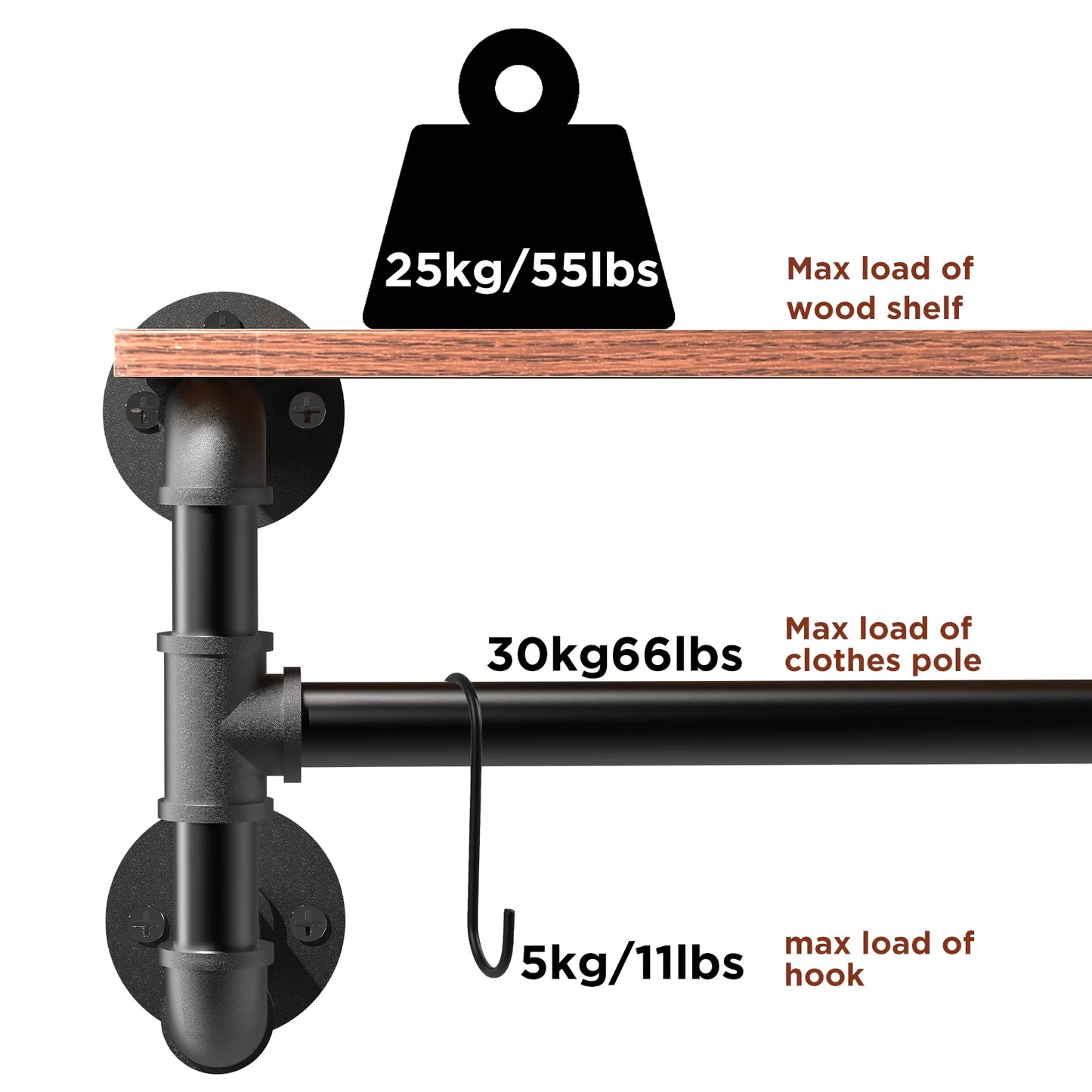 Wall Mounted Industrial Pipe Clothes Rack With Wood Shelf Storage