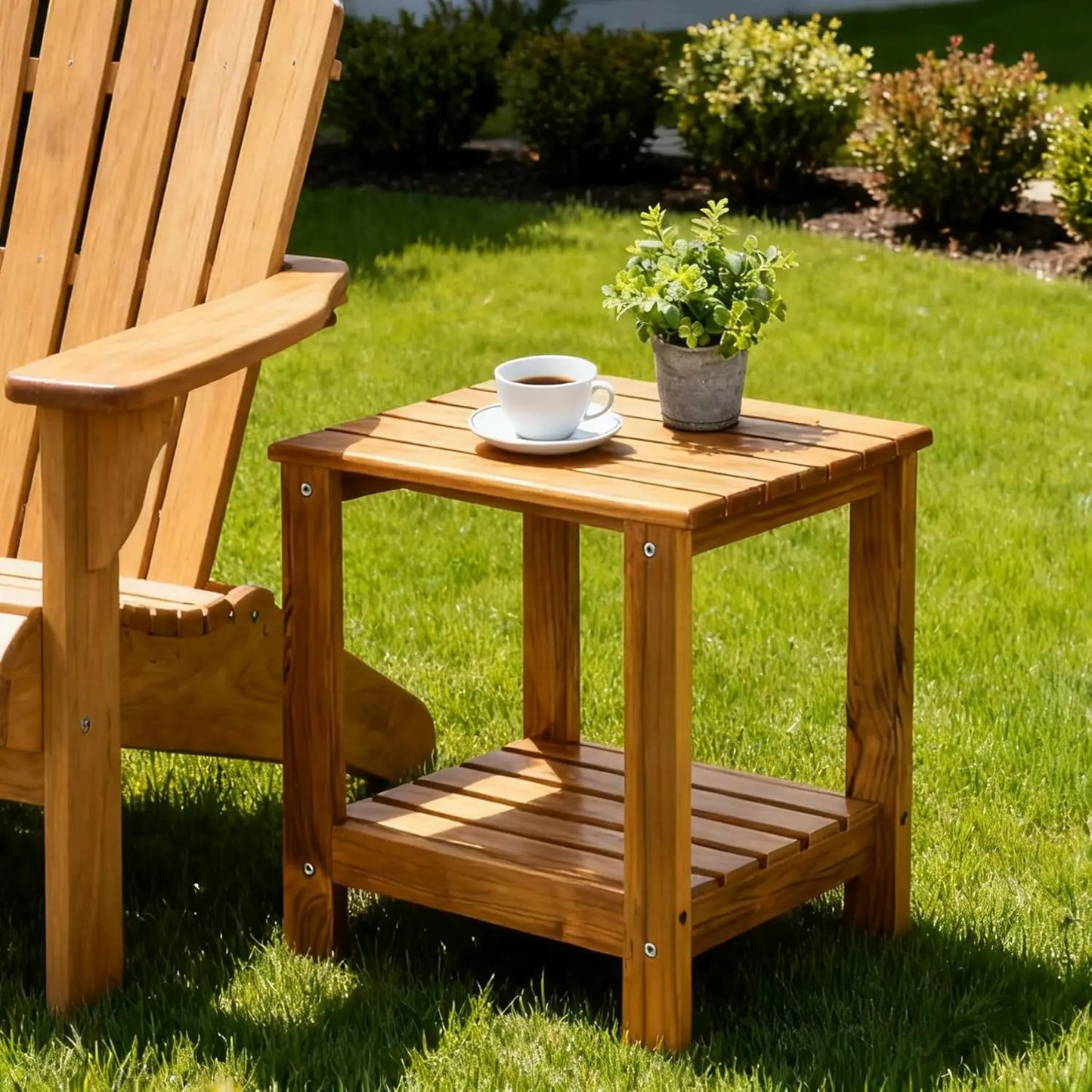 Teak Outdoor Side Table, Double Layer Patio End Table for Garden, Living Room, Couch, Two-Tier