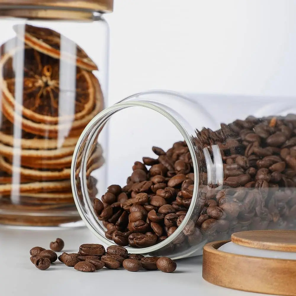 Glass Storage Jars with Wood Lid [Set of 3], 34OZ Airtight Food Containers Stackable for Coffee Beans/ Nuts/ Pasta/Cookie