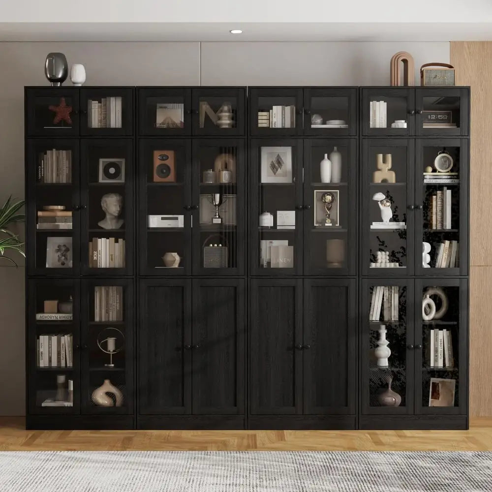 85.5 Tall Wooden Bookshelf, 7 Tier Book Shelf with Glass Doors and Shelves, DIY Large Bookcase, Curio Cabinets with Storage, Mo