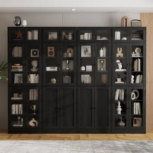 85.5 Tall Wooden Bookshelf, 7 Tier Book Shelf with Glass Doors and Shelves, DIY Large Bookcase, Curio Cabinets with Storage, Mo
