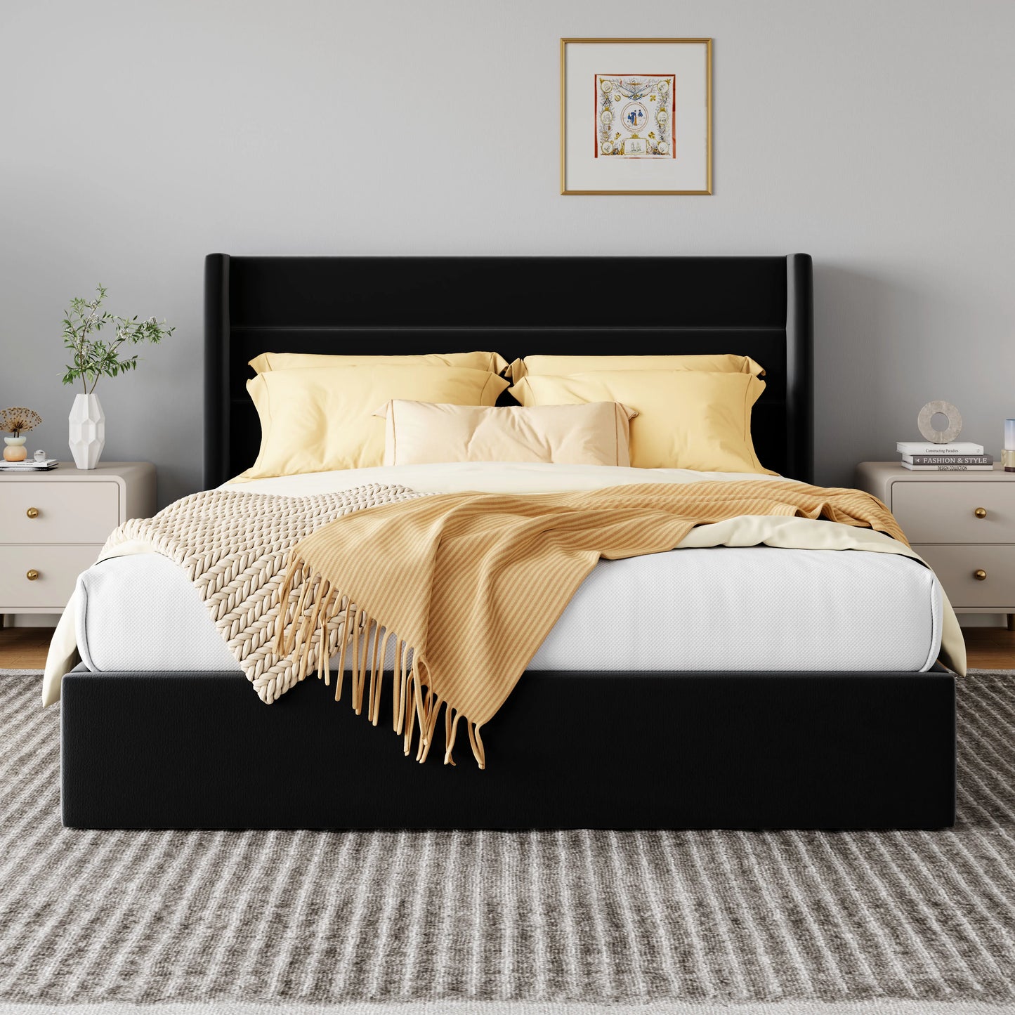 HOOMIC Lift Up Storage Bed with Wingback Headboard/Heavy-Duty Hydraulic Bed/Large Underneath Storage Allewie