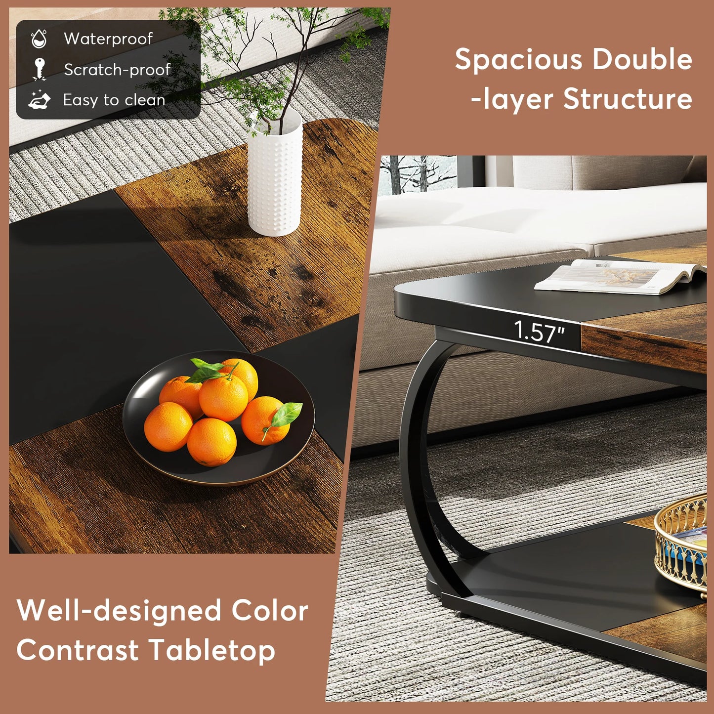 Tribesigns Square Coffee Table With Two Tiers And Metal Frame