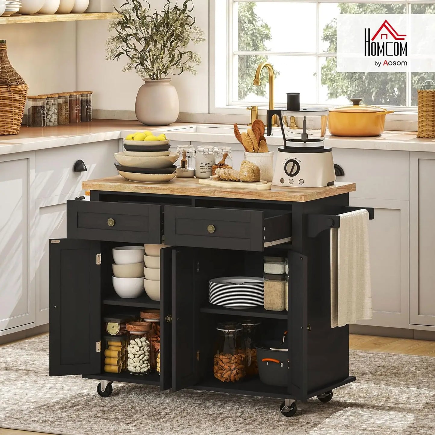 Kitchen Island Cart with Solid Wood Top, 44" Mobile Kitchen Island Table on Wheels with Storage Cabinets, 2 Drawers