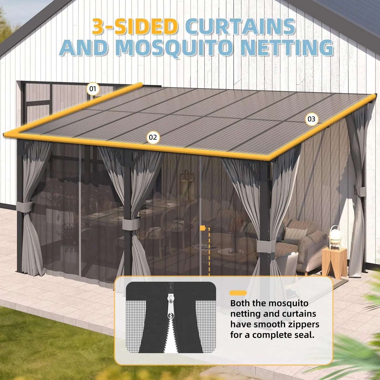 Lean To Hardtop Gazebo Curtains And Netting Wall Outdoor Shelter