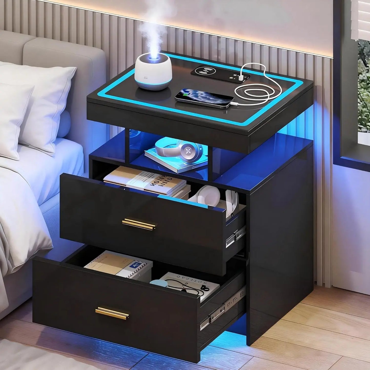 Nightstand With Wireless Charging And Auto Sensor LED End Table