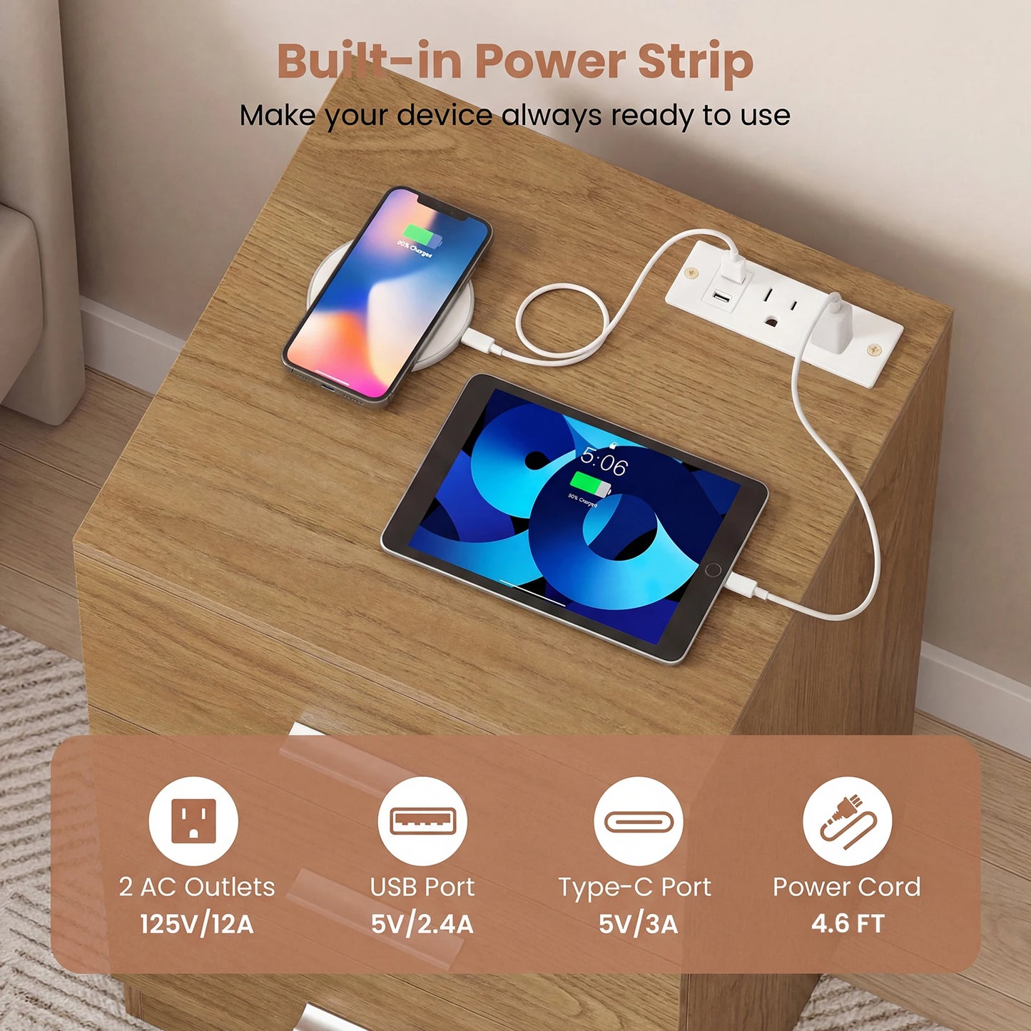 HOMASIS Nightstand With Charging Station And 3 Drawers