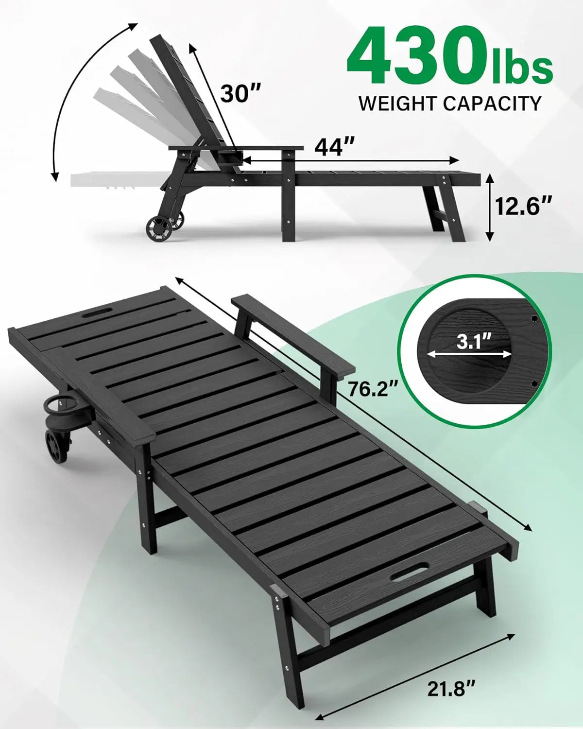 5-Level Adjustable All-Weather Outdoor Chaise Lounge Set of 2 with Cup Holders & Wheels for Patio Beach Deck, Custom