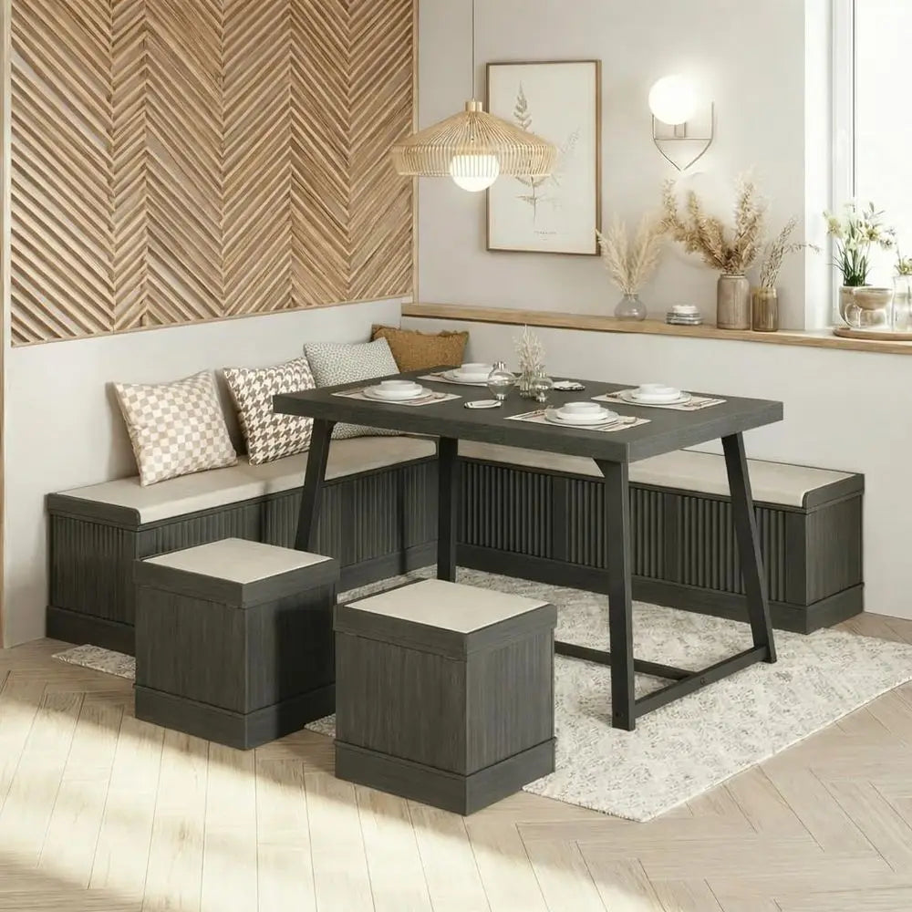 Corner Dining Table Set, 43 Inch Breakfast Nook Table Set with Bench with Hidden Storage amp 2 Ottomans, 5Piece Corner Bench Di