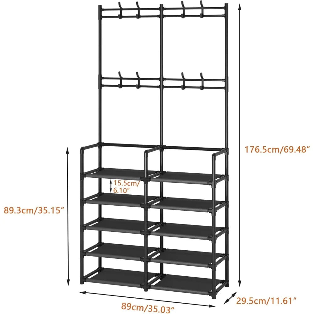 5 Tier Entryway Storage Bench with Coat Hooks and Shoe Rack for Bedroom Hallway Office Black
