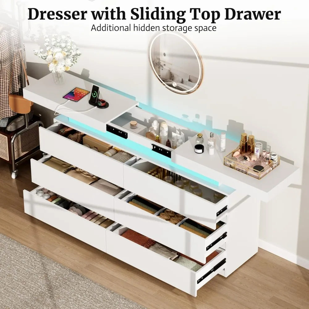 White LED Dresser 6 Drawer with Sliding Top & Charging Station for Bedroom