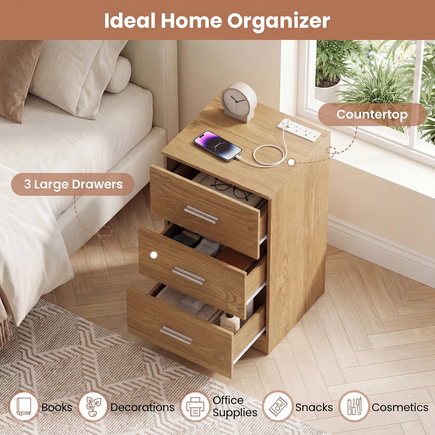 HOMASIS Nightstand With Charging Station And 3 Drawers