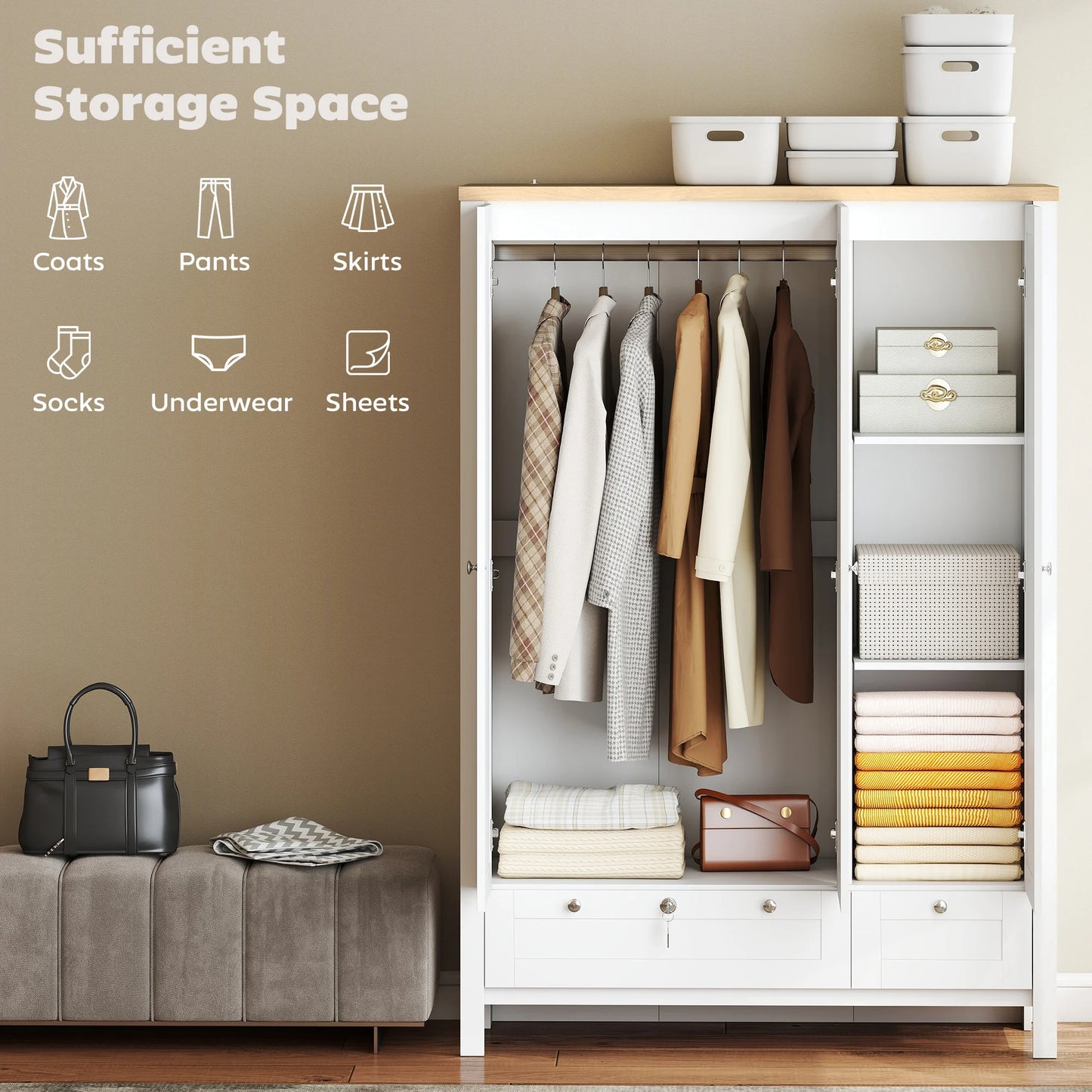 Homcom 3-Door Wardrobe Closet with 2 Drawers, 69" Clothing Storage Cabinet with Lockable Large Drawer, Hanging Rod and Storage Shelves for Bedroom, Wardrobe Cabinet, White