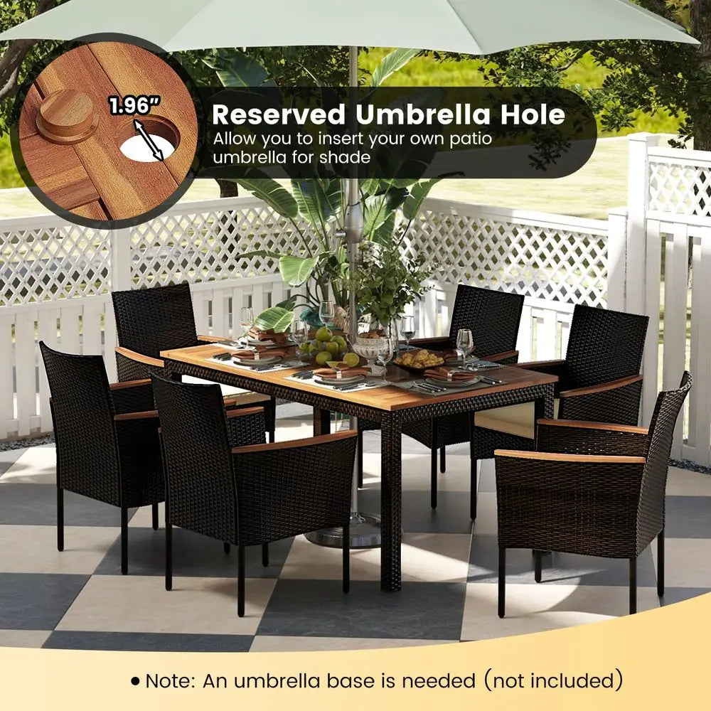 Outdoor Dining Set for 6, PE Rattan Wicker Patio Furniture Set with Wood Table amp Cushioned Armchairs, 1.96 Umbrella Hole, -HOT