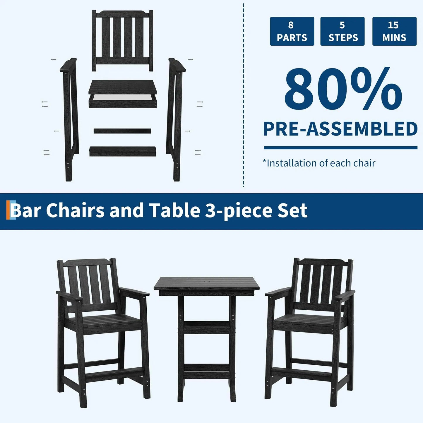 Outdoor Patio Bar Height Chair Set of 2, All-Weather HDPE Bar Height Barstools Widened Chair Set, Adirondack Chairs Set with Widened Armrests for Garden, Poolside, Bistro