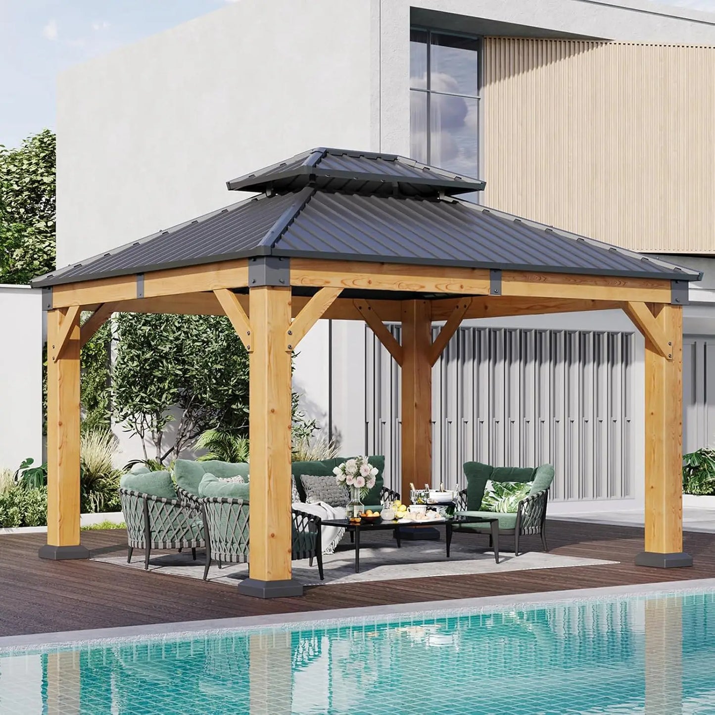 10x12 Outdoor Wooden Gazebo Hardtop Galvanized Steel Double Roof Patio Garden Deck Cedar Natural Custom