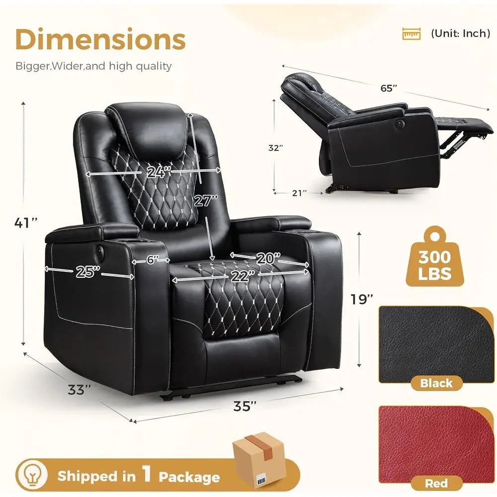 Black Leather Power Recliner with USB & Cup Holders, Home Theater Seating with Storage