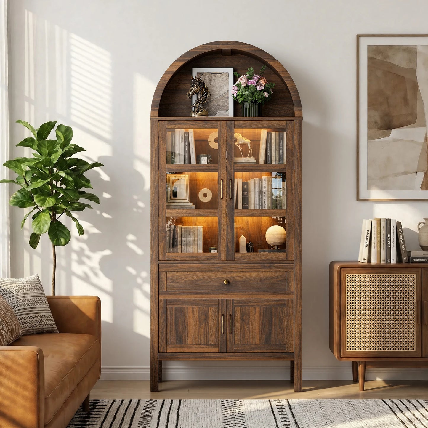 Cottinch Arched Wood Bookcase With Adjustable Shelves And Dimmable LED Lights