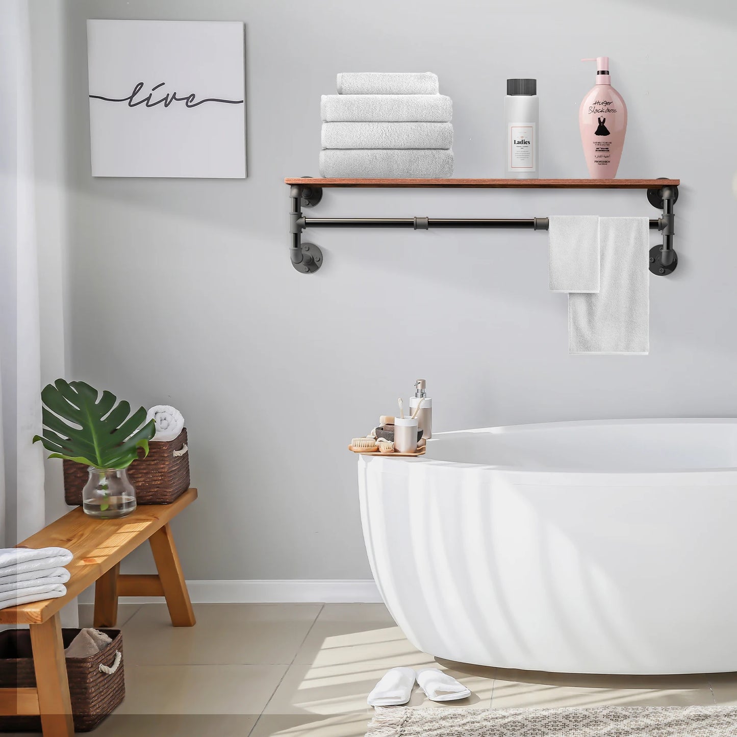 Wall Mounted Industrial Pipe Clothes Rack With Wood Shelf Storage