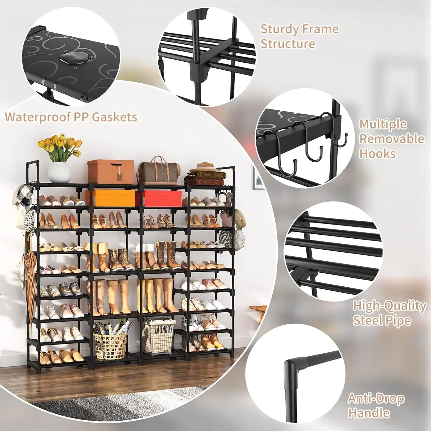 9 Tier Shoe Rack Organizer For Entryway With Removable Hooks